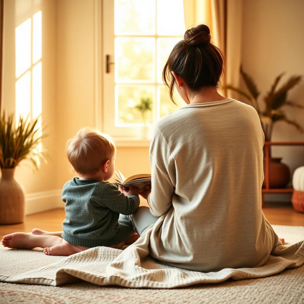 Una mamma e il suo bambino leggono insieme un libro seduti per terra