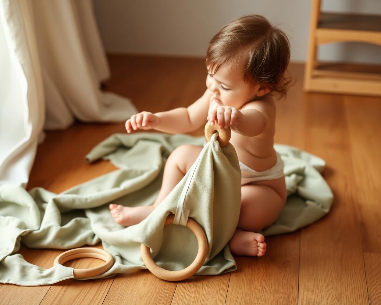 Un bambino gioca liberamente con anelli di legno e un telo color salvia