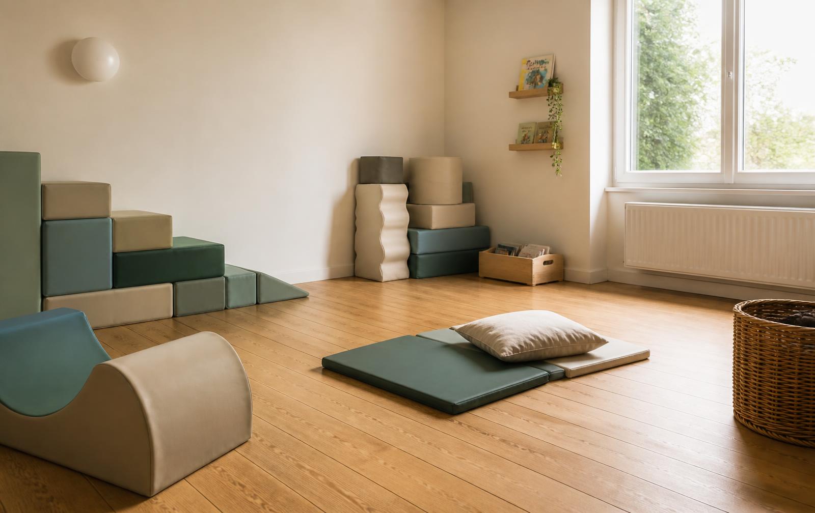 Lo spazio dedicato alla psicomotricità relazionale, con pavimento in legno, moduli morbidi e luce naturale